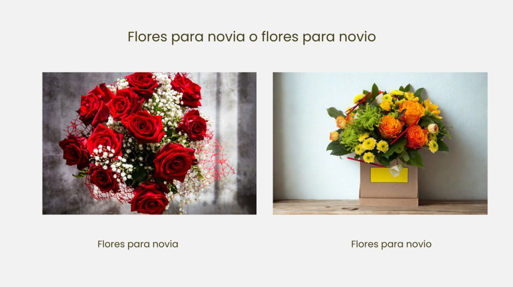Comparativa de flores para novia con rosas rojas y flores para novio con ramo en tonos naranja.