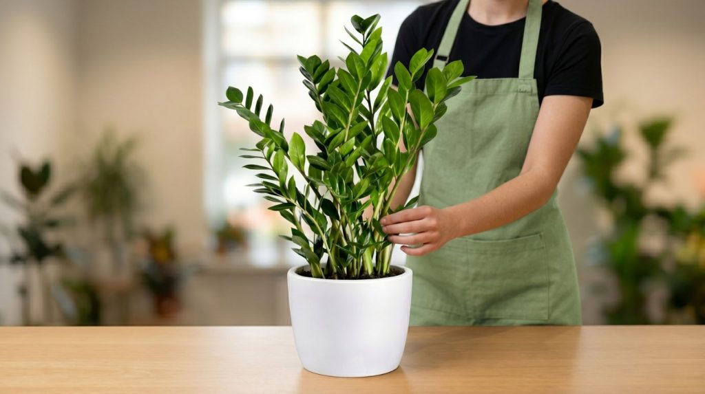  Florista con delantal verde sosteniendo una zamioculca ZZ en maceta blanca sobre mesa de madera