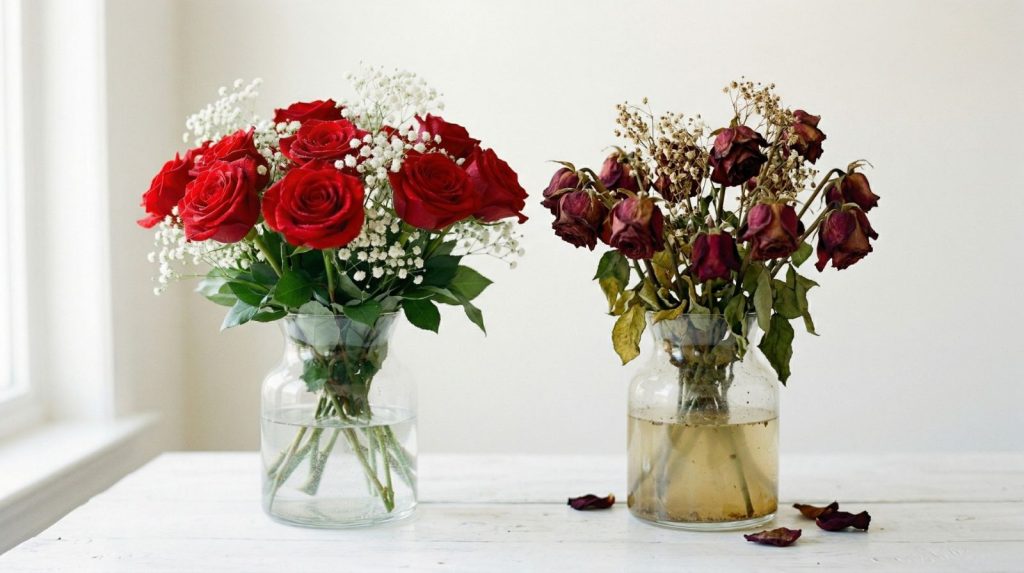Diferencia de cuidar bien o mal tus rosas Vista de dos ramos de rosas, uno en buen estado con agua limpia, otro ramo en mal estado con el agua deteriorada.