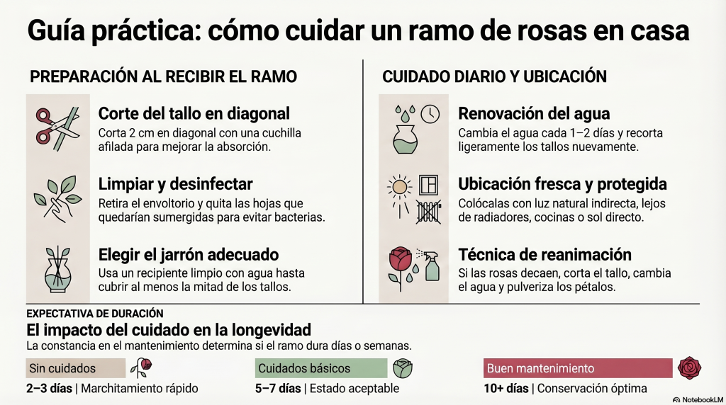 Infografía cuidado de ramos de rosas Infografía con los cuidados para tu ramo de rosas que marcarán la diferencia en su duración.