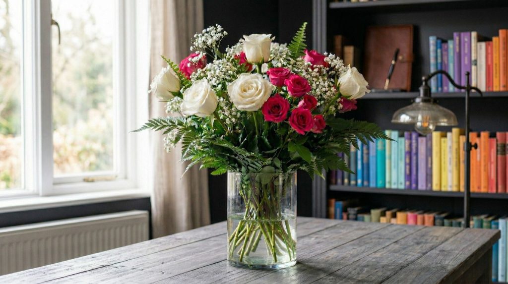 Ramo de rosas blancas y fucsias en un un despacho