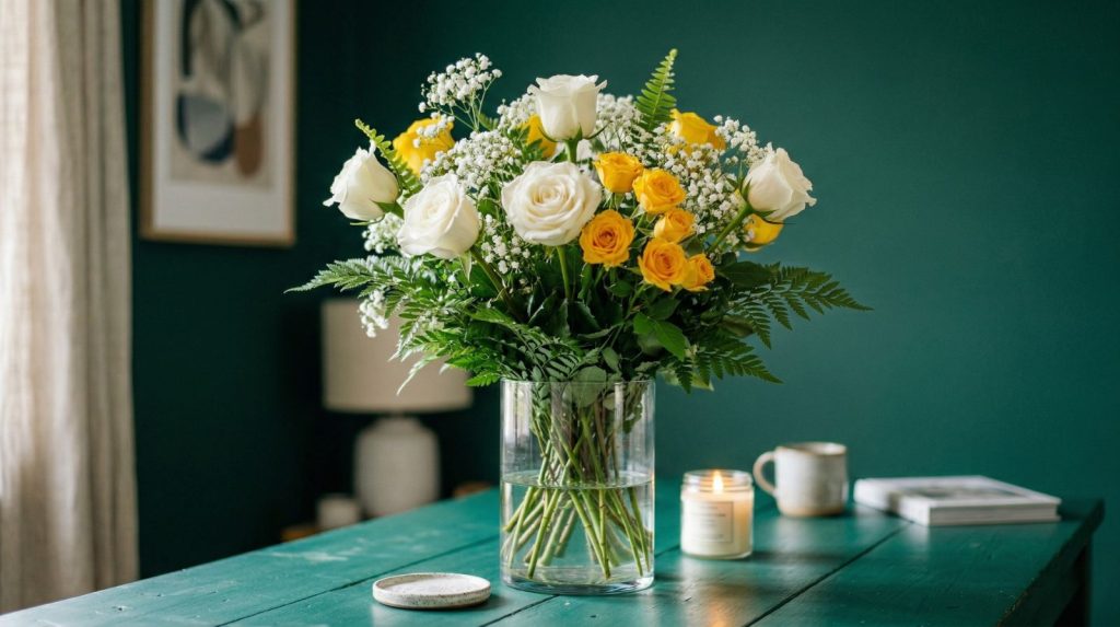 ramo de rosas en jarrón en salón con luz natural