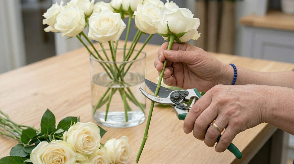 Persona cortando los tallos de una rosa en diagonal