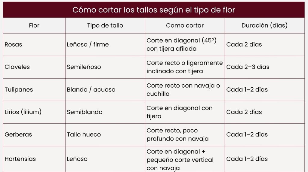 Tabla de tipos de corte para flores y frecuencia para realizar el corte
