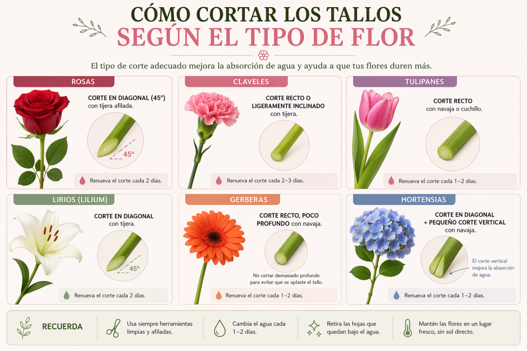 Infografía de como cortar los tallos de una flor según la variedad