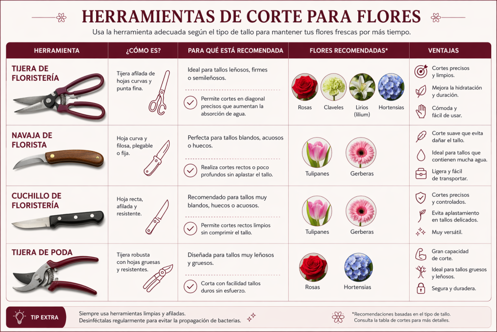 Infografía de tipos de herramientas que se pueden usar para cortar los tallos de las flores de un ramo, según el tipo de flor.