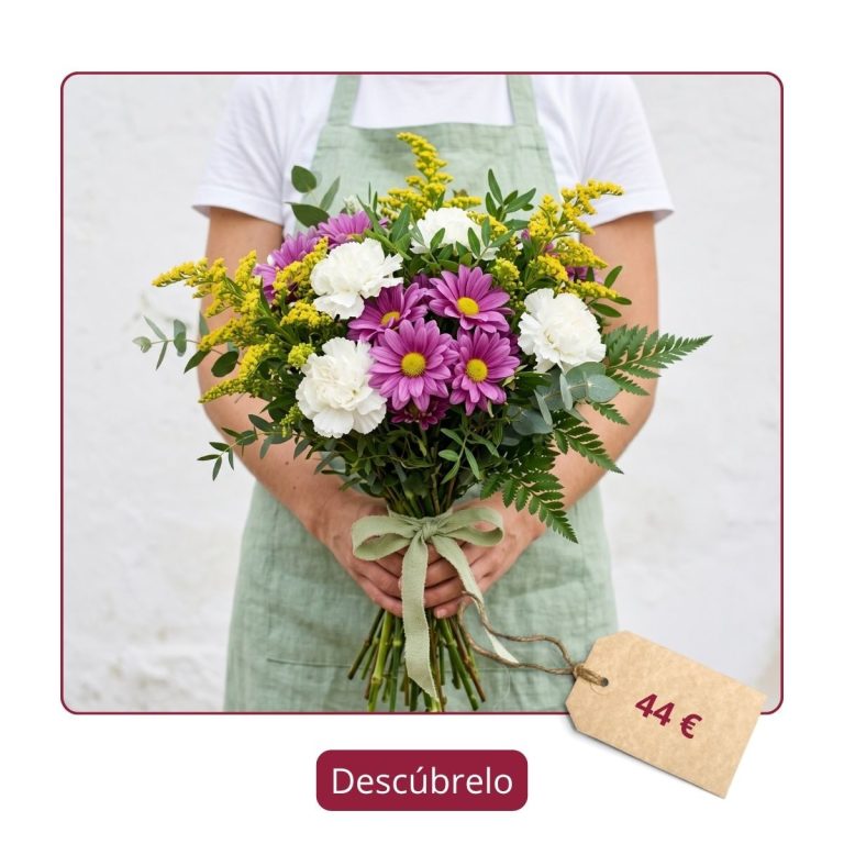 Ramo de flores de temporada — Flores como Soles Ramo de flores de temporada con margaritas y solidago para regalar en un cumpleaños en Madrid