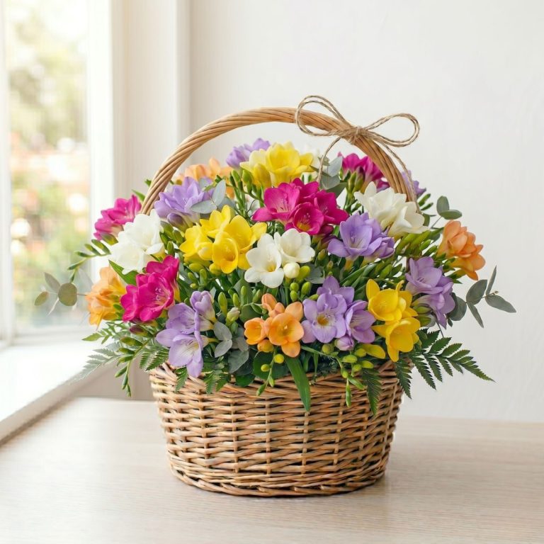 Cesta con flores de fresia en diferentes colores, colocado encima de una mesa. Envíos a Rivas-Vaciamadrid