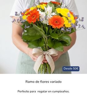 Ramo de flores variadas con alstroemeria, margaritas, statice y flores mixtas, sostenido con ambas manos por un florista