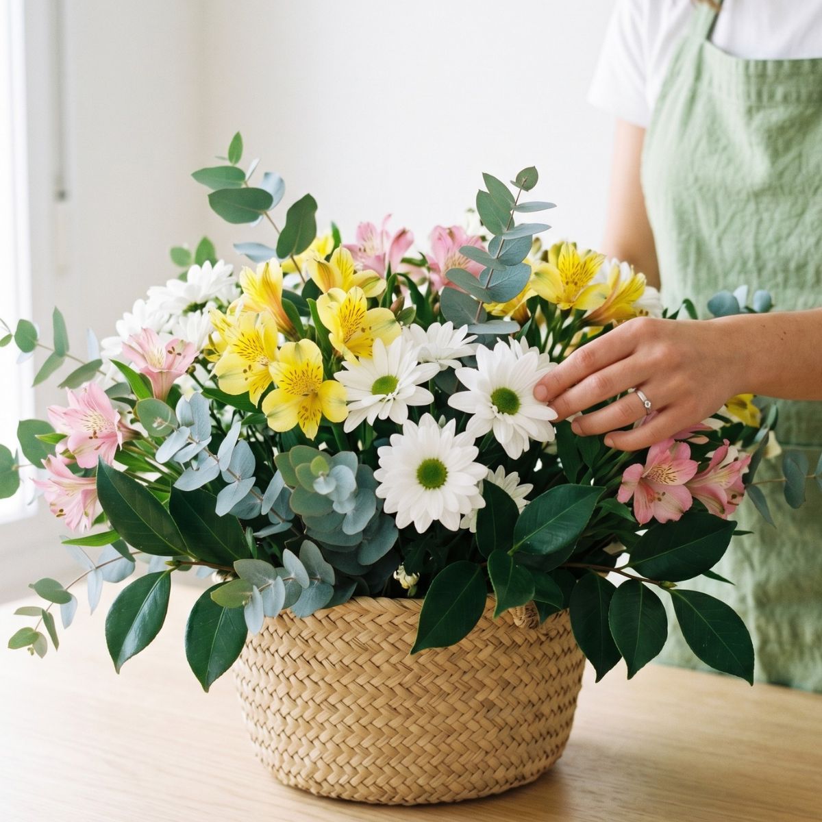 Cesta de flores personalizada Florista preparando una cesta de flores, con margaritas, alstroemeria y verdes naturales. El centro es en colores rosa, amarillo y blanco.