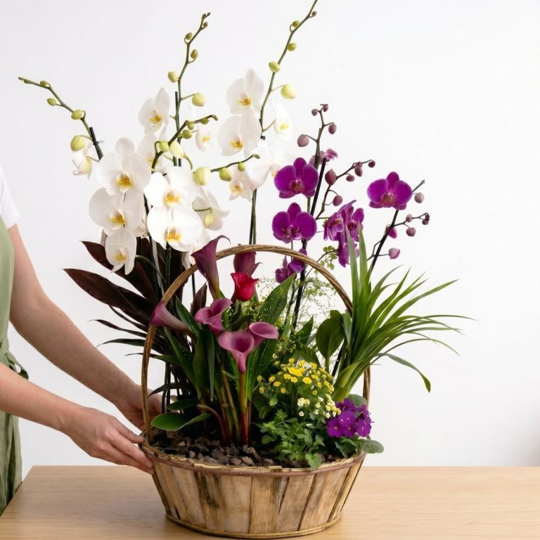 Cesta de plantas de interior con orquídeas