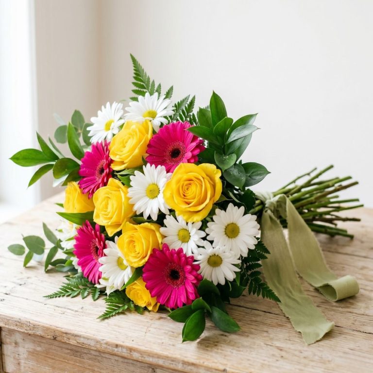 Ramo de flores variadas en colores blanco, amarillo y fucsia. Colocado en una mesa y con envío a Rivas-Vaciamadrid