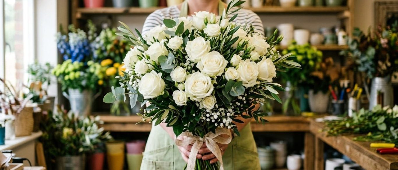 Ramo de lirios naranjas con hojas de helecho