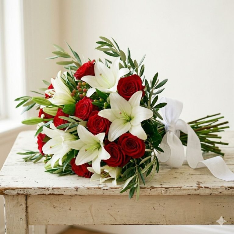 Ramo de rosas rojas y lirios y ramas de olivo. Colocado sobre una mesa de color claro