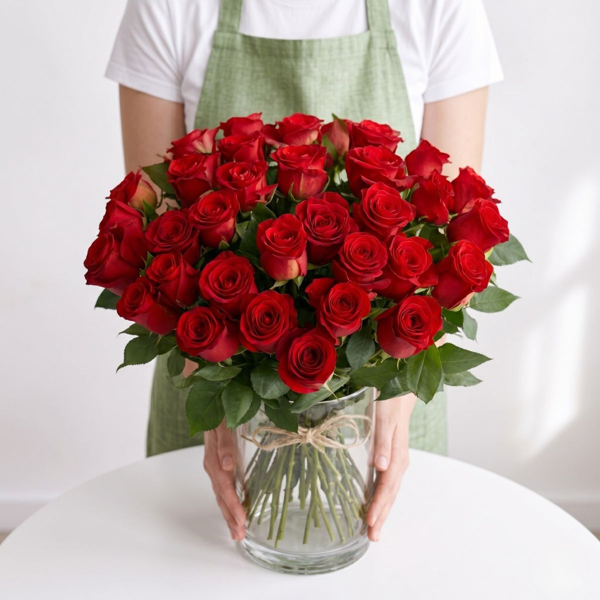 Ramo Love Ramo de cincuenta rosas rojas, colocado en un jarrón encima de una mesa de madera blanca, un florista sujeta el ramo.
