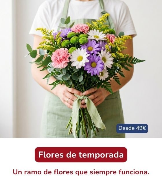 Ramo de flores variadas con margaritas blancas, flores moradas y rosadas, sostenido con ambas manos por una persona