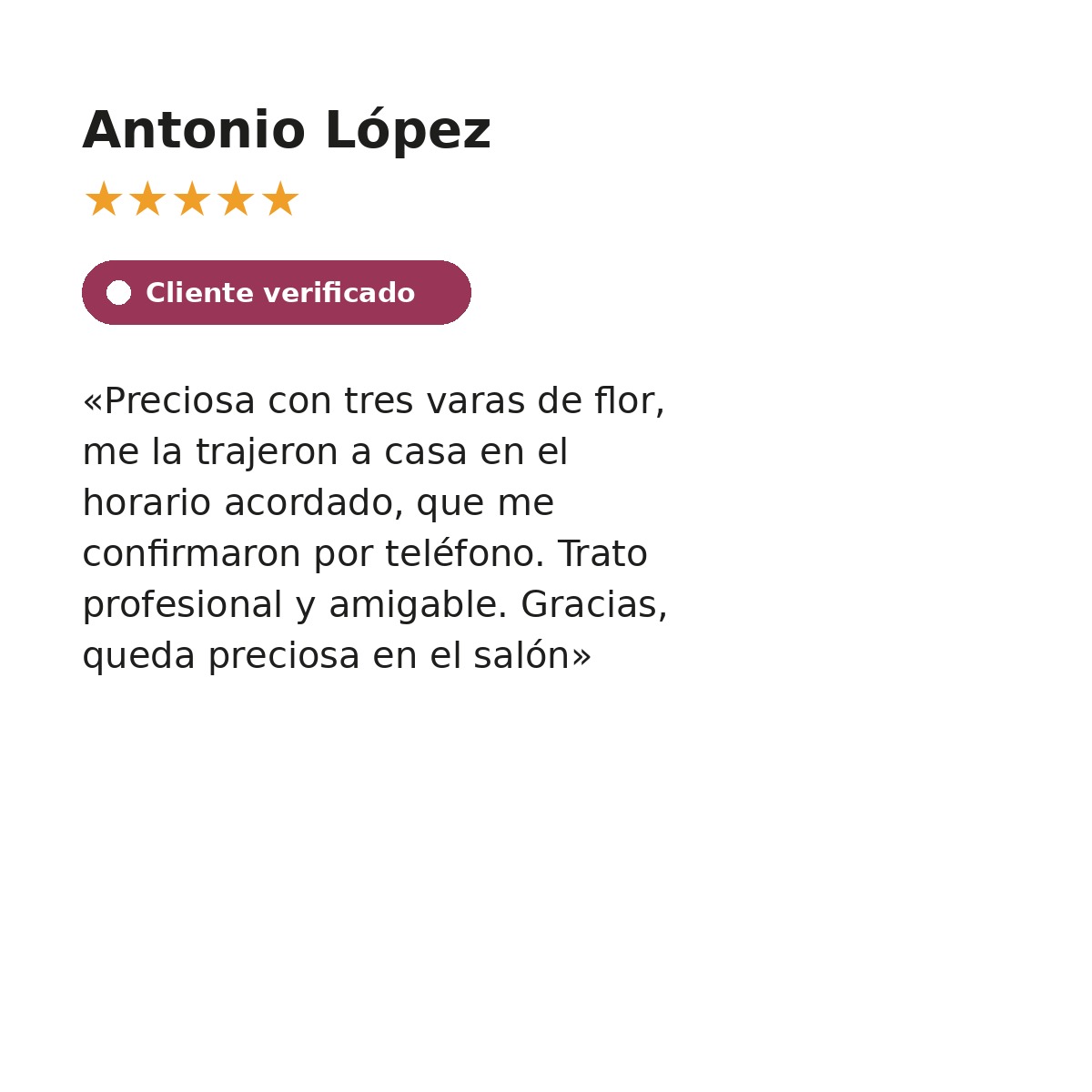 Reseña de cliente verificado - Orquídea a domicilio Madrid - Flores como Soles Reseña 5 estrellas de cliente verificado sobre una orquídea Phalaenopsis a domicilio en Madrid