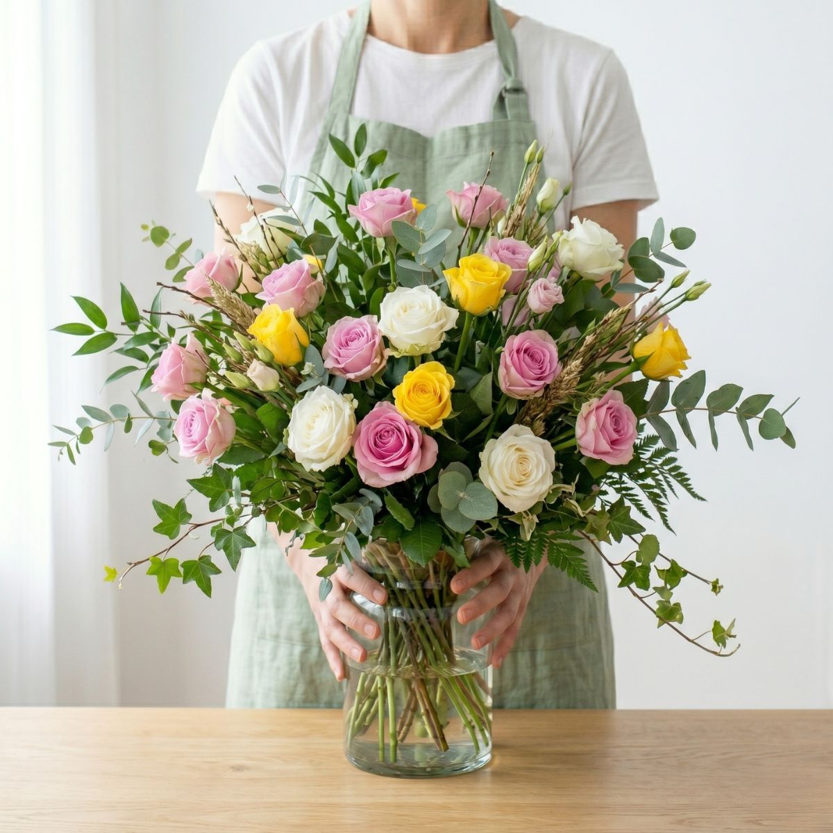 Ramo de rosas variadas Janeiro Florista enseñando un ramo de rosas en colores variados. El ramo esta colocado en un jarrón de cristal sobre una mesa de madera clara.