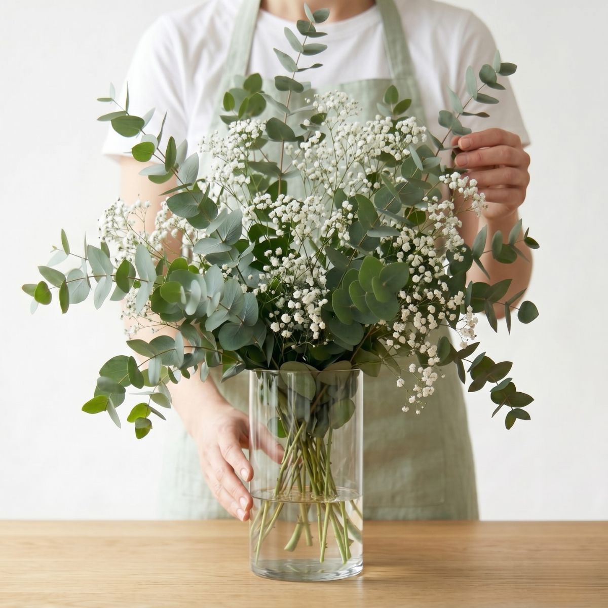Ramo Eucalipto y Paniculata Florista preparando un jarrón de flores con eucalipto natural y paniculata. Está colocado encima de una mesa de madera clara.
