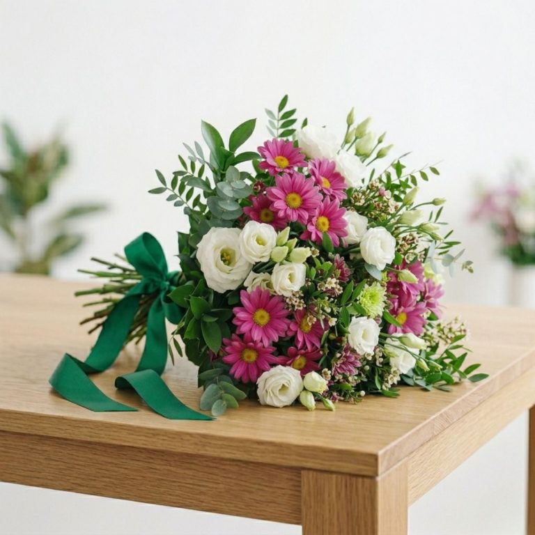 Ramo de flores variadas, con margaritas, lisianthus y verdes variados. En colores rosa y blanco. Colocado sobre una mesa.