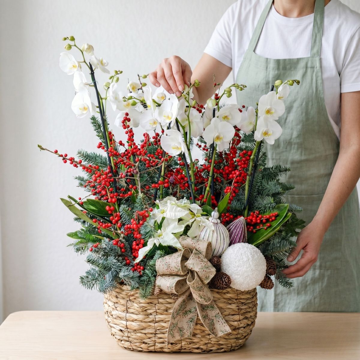 Cestas especiales Florista terminando cesta con orquídeas, elementos liofilizados y flor natural. Con detalles estacionales de Navidad.