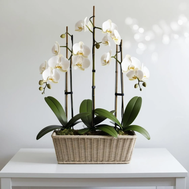Dos macetas de orquídeas: una blanca y otra morada, con hojas verdes.