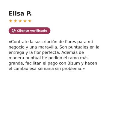 Reseña 5 estrellas de cliente verificado sobre la suscripción floral para empresas en Madrid
