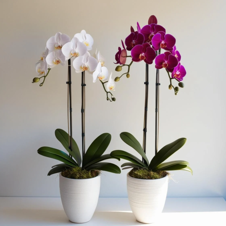 Dos macetas de orquídeas: una blanca y otra morada, con hojas verdes.