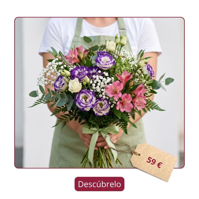 Ramo de flores Abril — Flores como Soles Ramo de flores Abril con lisianthus y alstroemeria para regalar en un cumpleaños en Madrid
