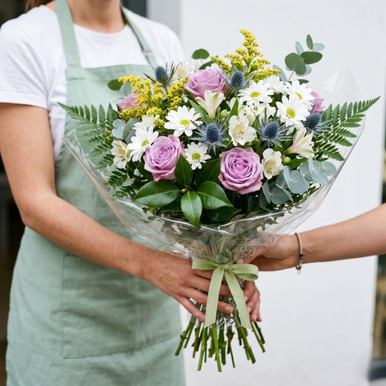 Dudas frecuentes entrega de flores Florista llevando ramo de rosas, con margaritas, flor de cardo y alstroemeria, ramo en colores lila, amarillo y blanco.