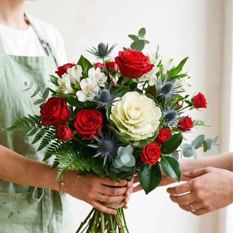 Resolvemos tus dudas Florista entregando ramo de rosas rojas, con alstroemeria y brassicas a cliente.