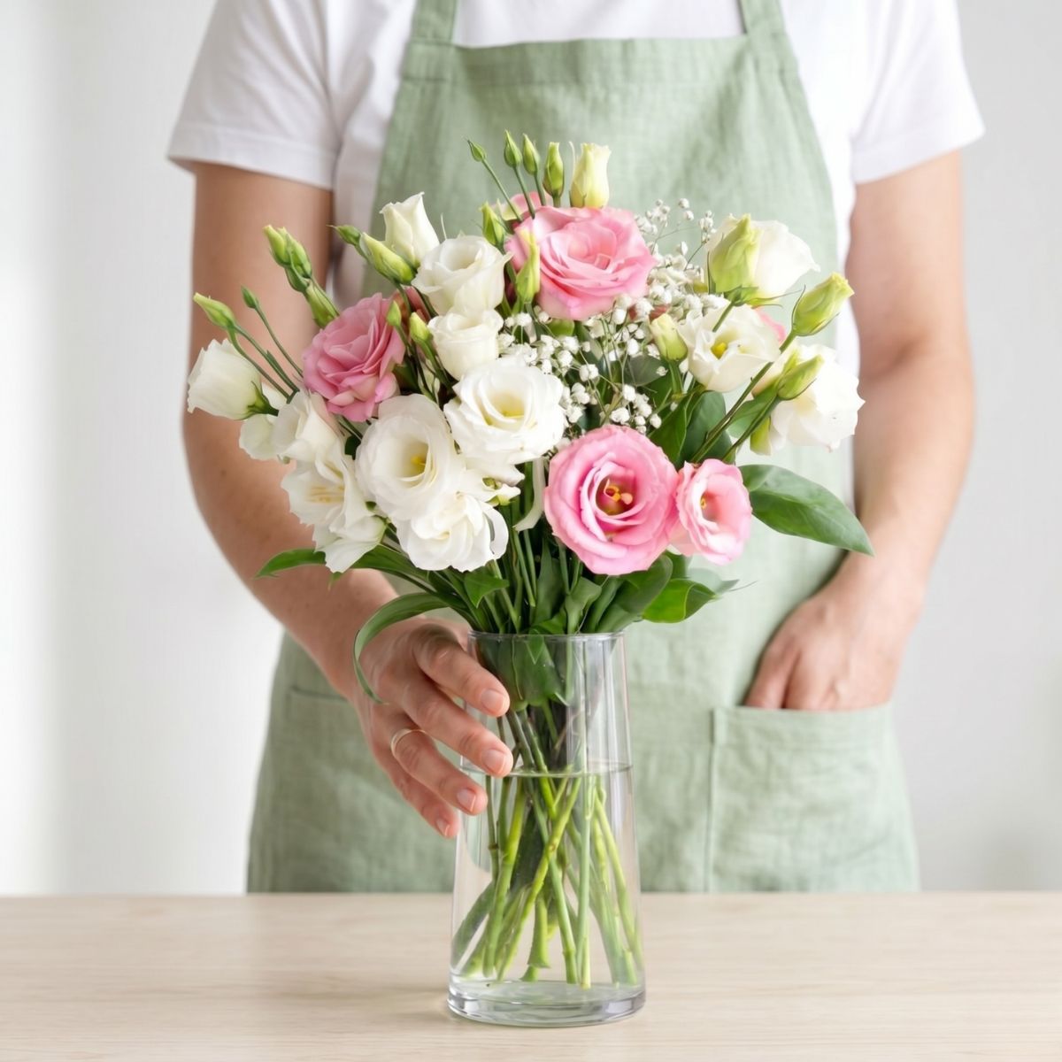 Ramo de lisianthus y paniculata. Florista enseñando un ramo de lisianthus en colores blanco y rosa, acompañado de paniculata. El ramo esta colocado en un jarrón de vidrio.