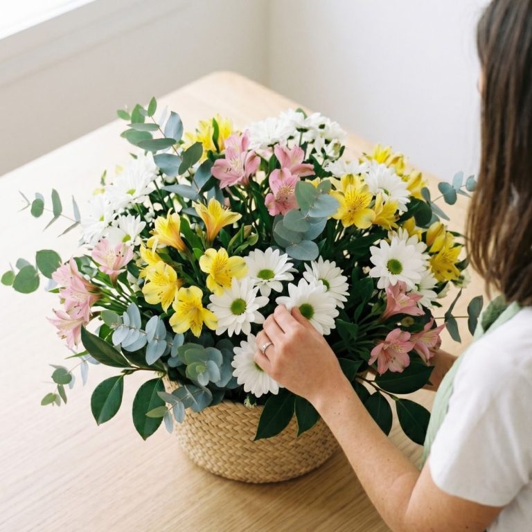 Florista preparando una cesta de flores naturales en colores variados, amarillo, rosa y blanco
